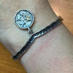 Carolyn Pollack Sterling & Brass "Believe" & Stars Charm Thin Cuff Bracelet